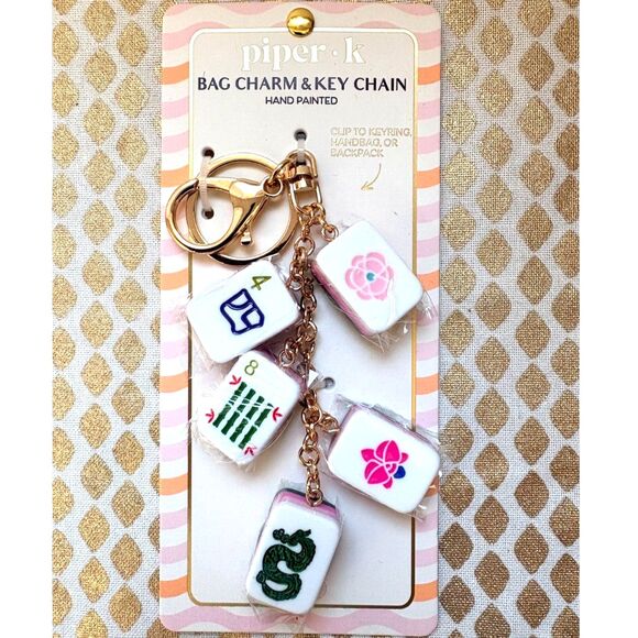 Piper K Accessories - NWT Piper K Hand Painted Mahjong Tile Bag Charm & Key Chain Gold Tone